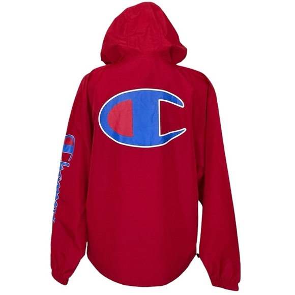 Champion Logo Quarter Zip Packable Hooded Windbreaker Jacket Men’s Size S Red - Picture 8 of 10